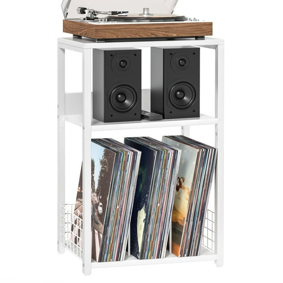 Large Record Player Stand, 3-Tier End Table with Vinyl Storage Up to 130 Albums, Industrial Turntable Printer Tables, Modern Side Tables for Living Room, Office - White