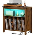 thumbnail image 1 of Large Record Player Stand with Charging Station & LED Lights, Brown Vinyl Record Storage Holder Holds up to 230 Albums, Turntable Stand with Display Shelf for Music Room Bedroom Living Room., 1 of 17