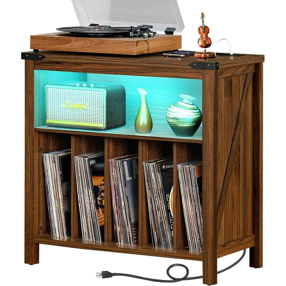 Large Record Player Stand with Charging Station & LED Lights, Brown Vinyl Record Storage Holder Holds up to 230 Albums, Turntable Stand with Display Shelf for Music Room Bedroom Living Room.