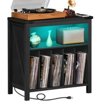 Large Record Player Stand with Charging Station & LED Lights, Vinyl Records Storage Holder Cabinet Holds up to 230 Albums, Turntable Stand for Music Room, Bedroom, Living Room, Office (Black)