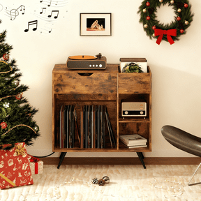Large Record Player Stand with Charging Station, Mid-Century Turntable Stand Holds Up to 300 Albums, Record Player Table with Drawer & Display Shelf, Vinyl Record Storage for Living Room, Brown