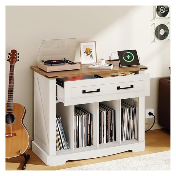 Large Record Player Stand with Charging Station, Turntable Stand with Drawer, Vinyl Record Storage, End Side Table for Living Room,Vintage White and Brown ET75UWH