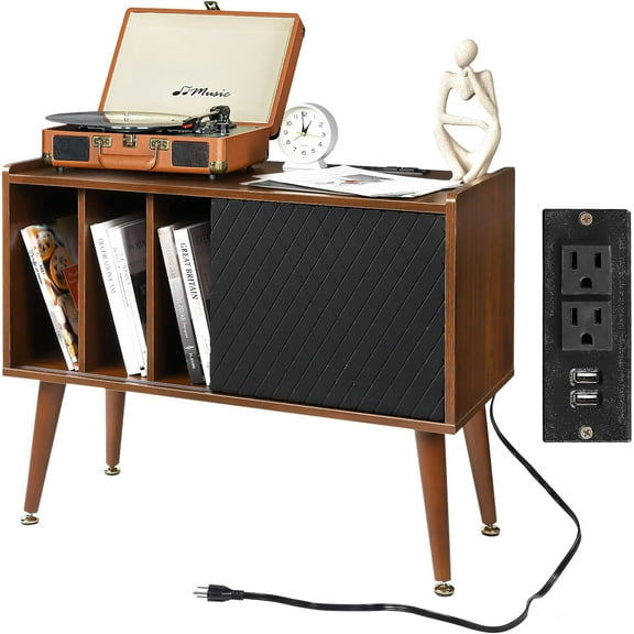 Large Record Player Stand with Charging Station, Vinyl Record Storage Cabinet with Sliding Door for Living Room Bedroom, Rustic Brown Turntable Stand Holds up to 300 Albums, End Table Sofa Side Table