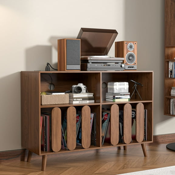 Large Record Player Stand Holds Up to 300 Albums, Vinyl Record Storage Holder with Charging Station for Living Room, Office, Walnut
