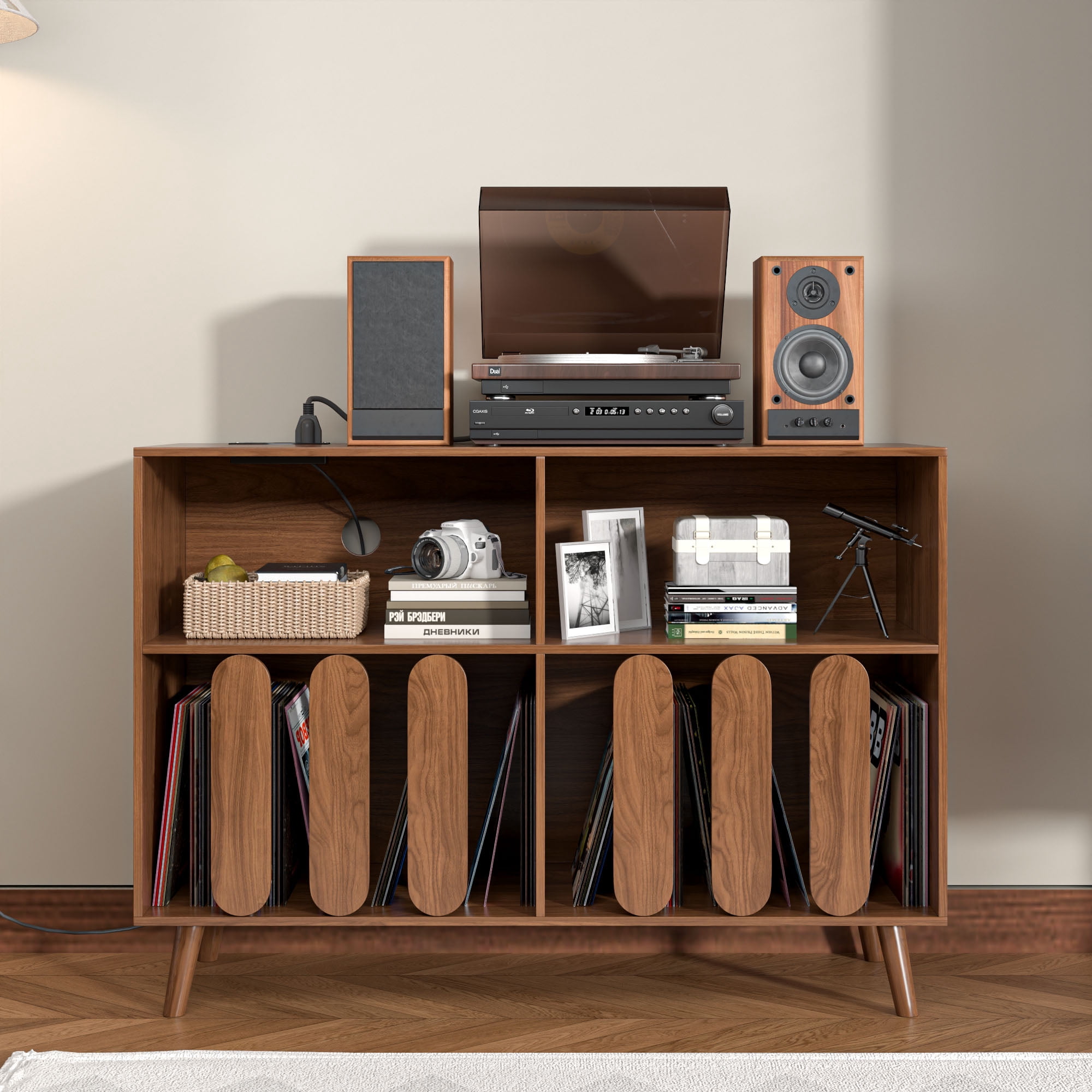 Record Player Stand – Holds Up To 300 Albums, Walnut Finish, Turntable Table