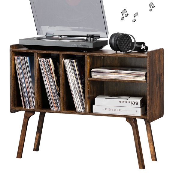 Large Record Player Stand, Mid Century Concord Turntable Stand Table Holds up to 220 Albums, Vinyl Record Storage Cabinet with Wood Legs for Living Room Bedroom Office, Brown