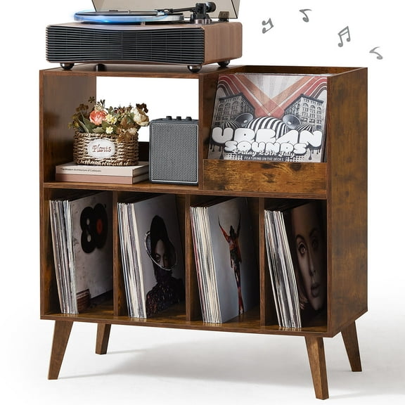 Large Record Player Stand, Mid Century Turntable Stand Table Holds up to 300 Albums, Vinyl Record Storage Cabinet with Wood Legs for Living Room, Office, Music Room - Brown