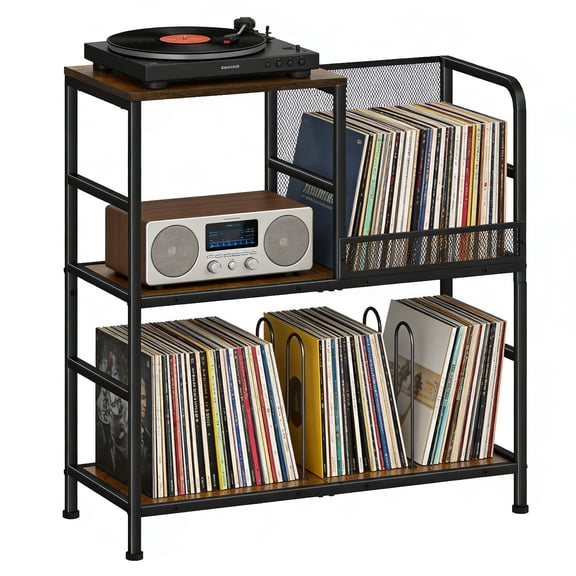 Large Record Player Stand, Mid Century Turntable Stand Table Holds up to 300 Albums, Vinyl Record Storage Cabinet with Wood Legs for Living Room, Office, Music Room