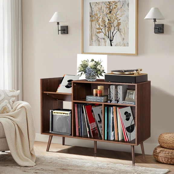 Large Record Player Stand, Mid-Century Vinyl Record Storage Table with Wood Legs and Record Storage, Modern Turntable Stand Holds Up to 300 Albums for Studio, Living Room, Bedroom (Walnut)$$Furniture