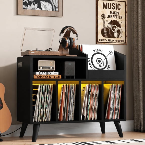 Large Record Player Stand with Power Outlet and LED Light, Black | Record Player Table Cabinet Up to 350 Albums, Wood Turntable Stand with Open Vinyl Storage and Display Shelf for Living Room