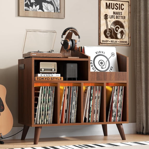 Large Record Player Stand with Power Outlet and LED Light, Walnut | Record Player Table Cabinet Up to 350 Albums, Wood Turntable Stand with Open Vinyl Storage and Display Shelf for Living Room