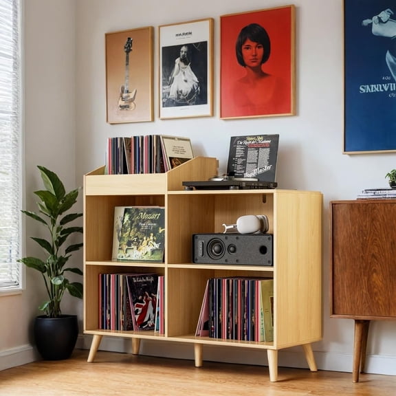 Large Record Player Stand with Power Outlet, Vinyl Record Storage Table Holds Up to 400 Albums, Mid-Century Turntable Stand for Living Room, Bedroom, Oak