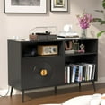 thumbnail image 1 of Large Record Player Stand, Record Table Cabinet with Power Outlet, Modern Vinyl Record Storage Cabinet with Wood Legs for Bedroom, Living Room, Office (Black), 1 of 7
