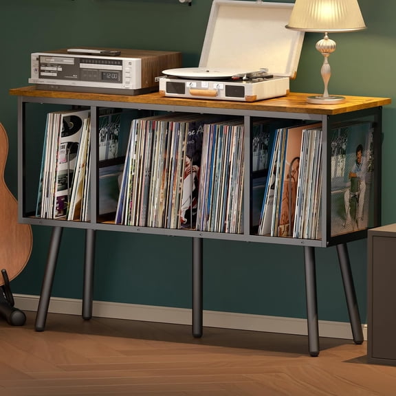 Large Record Player Stand, Retro Vinyl Record Storage Holds 250+ Albums | 40.6"W x 13.4"D Tabletop Vinyl Stand with Adjustable Shelves & M-shaped Record Dividers for Customizable Vinyl Storage
