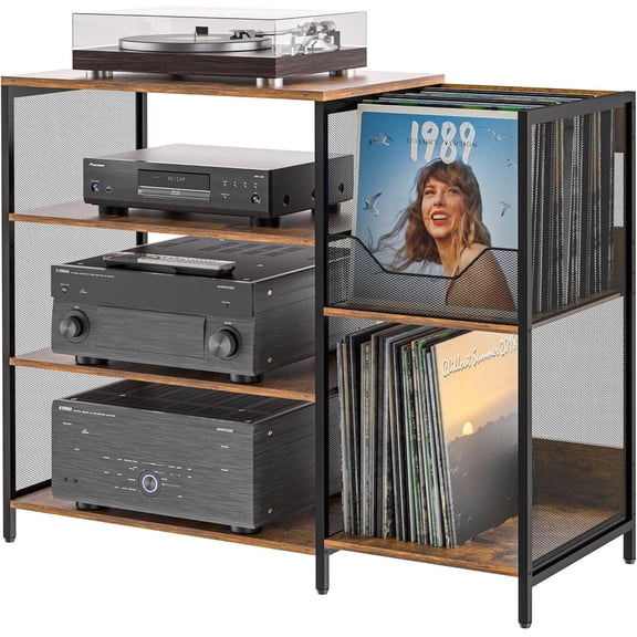 Large Record Player Stand Table with Vinyl Record Holder Up to 150PCS, AV Media Stand Stereo Cabinet Shelf Rack Tower with Storage, Sturdy, Adjustable Feet, Rustic, Large Capacity