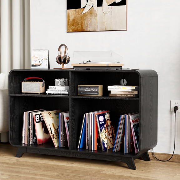 Large Record Player Stand, Turntable Stand with Charging Station & USB Ports, Record Player Table Holds Up to 300 Albums, Vinyl Record Holder with Display Area for Music Room Living Room, Black