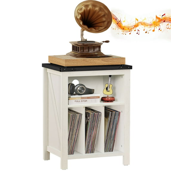 Large Record Player Stand, Turntable Stand with Display Shelf Holds up to 160 Albums, Large Nightstand Wood Turntable Stand, Record Storage Cabinet - White