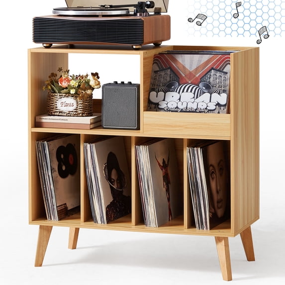 Large Record Player Stand, Vinyl Record Storage Cabinet, Mid-Century Turntable Stand Table Holds Up to 300 Albums Living Room Bedroom Office, Natural Wood