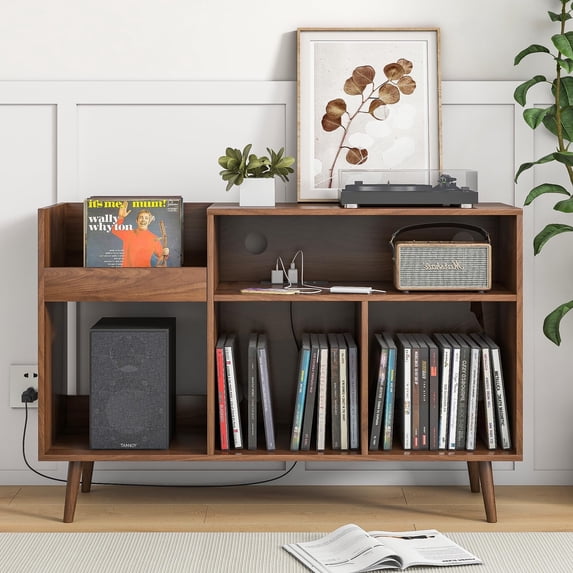 Large Record Player Stand, Vinyl Record Storage Holder, Record Player Table with Power Outlet (walnut)