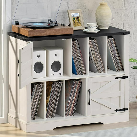 Large Record Player Stand with Vinyl Storage Up to 450 Albums, 39 Inch Farmhouse Rustic Wood White Storage Cabinet with Barn Doors, Vintage Mid-Century Turntable Stand for Bedroom, Living Room