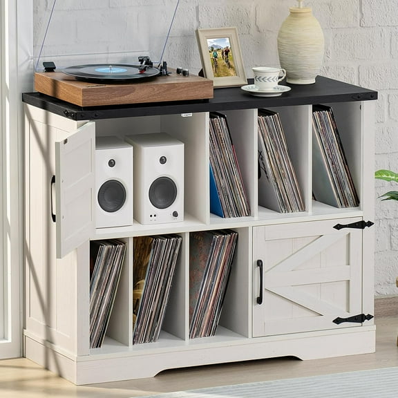 Large Record Player Stand with Vinyl Storage Up to 450 Albums, 39 Inch Farmhouse Rustic Wood White Storage Cabinet with Barn Doors, Vintage Mid-Century Turntable Stand for Bedroom, Living Room