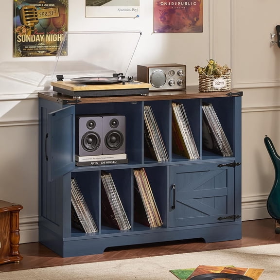Large Record Player Stand with Vinyl Storage Up to 450 Albums, 39 Inch Farmhouse Wood Navy Blue Vinyl Records Storage Cabinet with Barn Doors, Mid-Century Turntable Stand for Living Room