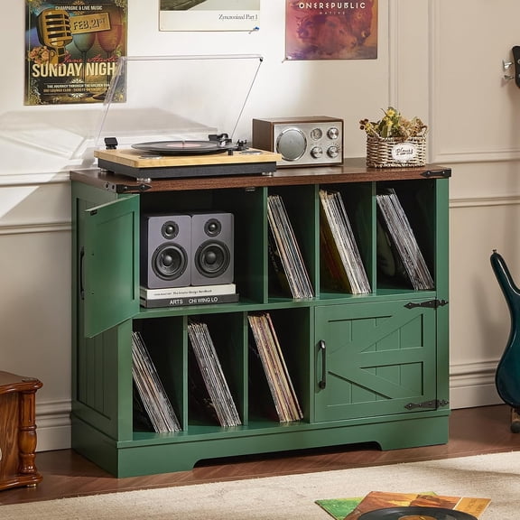 Large Record Player Stand with Vinyl Storage Up to 450 Albums, 39 Inch Green Vinyl Records Storage Cabinet with Barn Doors, Mid-Century Accent Turntable Stand for Living Room