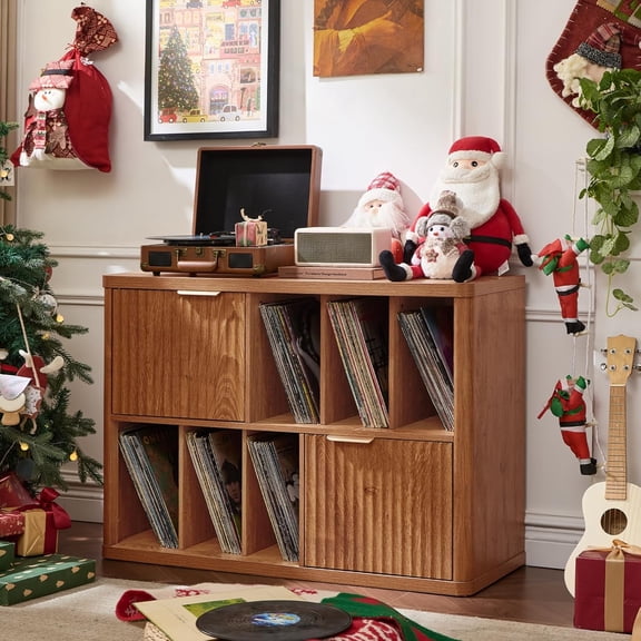 Large Record Player Stand with Vinyl Storage Up to 450 Albums, Wood Fluted Boho Record Storage Accent Cabinet, Modern Stereo Media Cabinets, Wide Turntable Stand for Living Room, Tea Brown