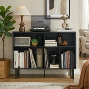 Large Record Player Stand with Vinyl Storage Cabinet, Mid Century Modern Turntable Console Table, Black Wood, for Speakers, Albums, Media, Stereo, Audio, Bookshelf for Living Room