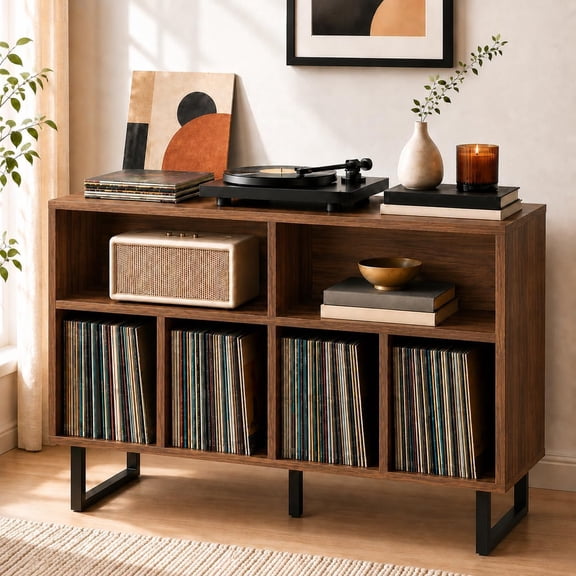 Large Record Player Stand with Vinyl Storage Holds 1000+ Albums, Mid Century Modern Turntable Stand Cabinet, Record Player Table Media Console TV Stand Bookshelf for Living Room, Dark Walnut