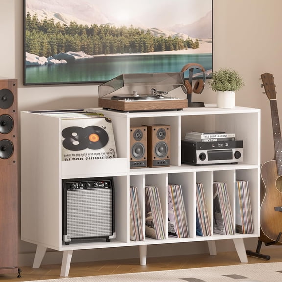 Large Record Player Stand for 450 Albums, White Turntable Storage Cabinet, Vinyl Record Holder Table for Living Room Music