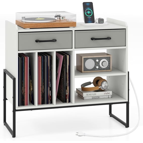 Large Record Player Stand with Charging Station, Turntable Stand with 2 Fabric Drawers & Adjustable Shelf, White