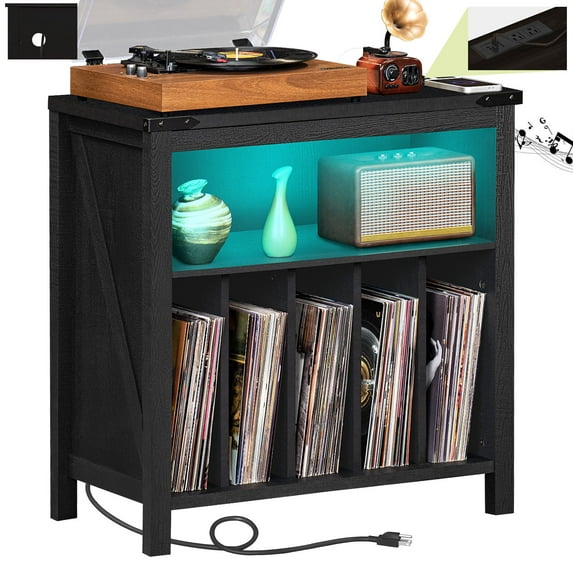 Large Record Player Stand with Charging Station & USB Ports, Record Storage Cabinet Holds up to 230 Albums, Turntable Stand for Living Room - Black