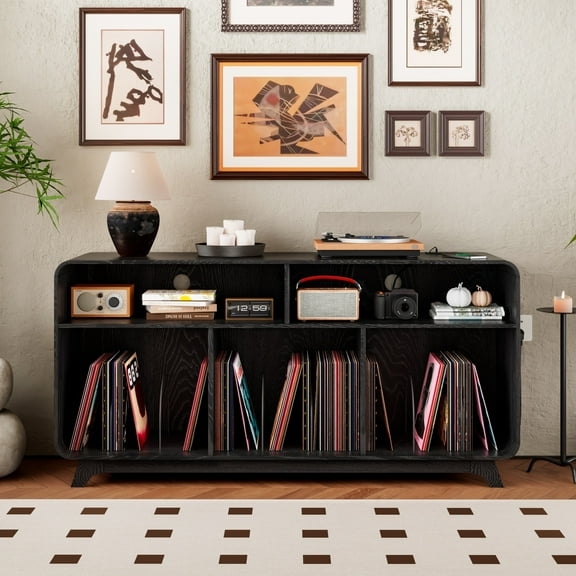 Large Record Player Stand with Charging Station & USB Ports, Record Storage Cabinet, Mid Century Modern Turntable Stand for Bedroom, Black