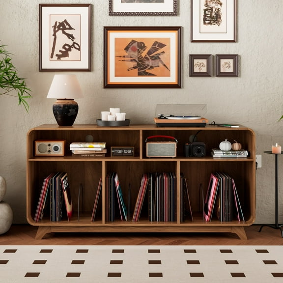 Large Record Player Stand with Charging Station & USB Ports, Record Storage Cabinet, Mid Century Modern Turntable Stand for Bedroom, Walnut