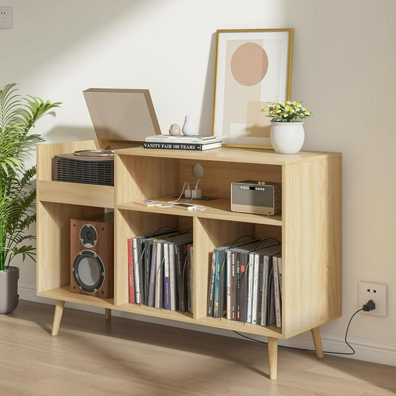 Large Record Player Stand with Charging Station & USB Ports, Vinyl Record Cabinet, Sturdy Record Table, Holds up to 300 Albums