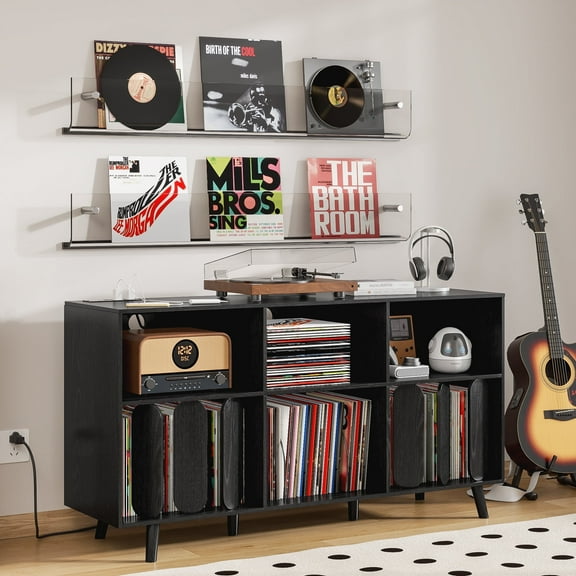 Large Record Player Stand with Storage, Turntable Stand with Power Outlet for Living Room, Black