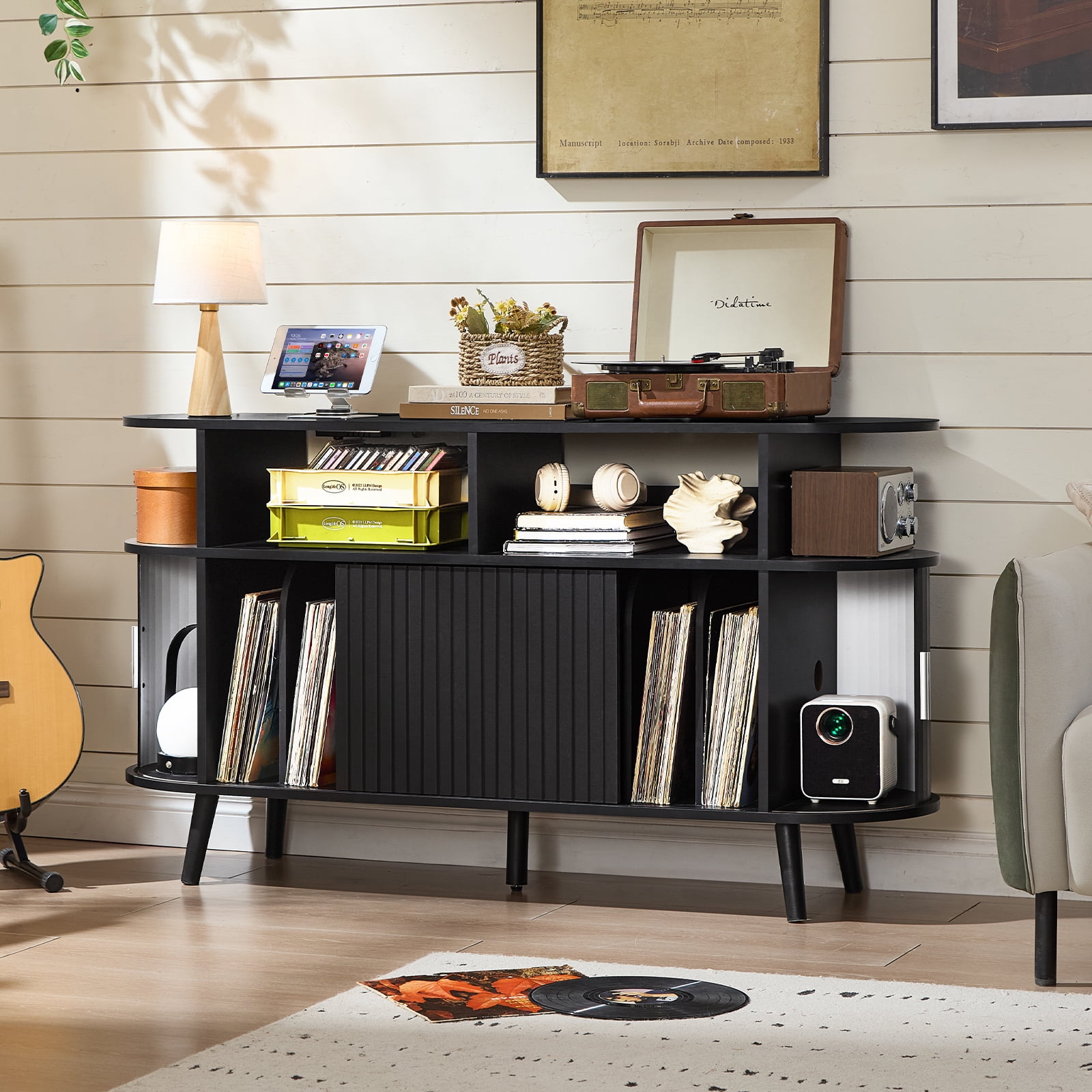 Large Record Player Stand with Storage, Turntable Stand with Charging Station & USB Ports, Record Storage Cabinet - Black - Walmart.com