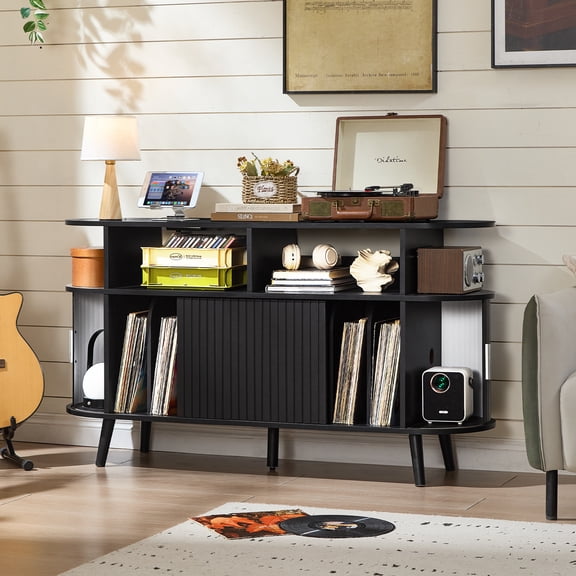 Large Record Player Stand with Storage, Turntable Stand with Charging Station & USB Ports, Record Storage Cabinet - Black