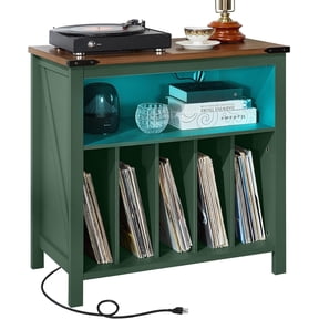 Joaxswe Large Record Player Table with Charging Station & LED Lights, Green Vinyl Record Storage Cabinet Holds up to 230 Albums, Turntable Stand with Display Shelf for Music Room Bedroom Living Room