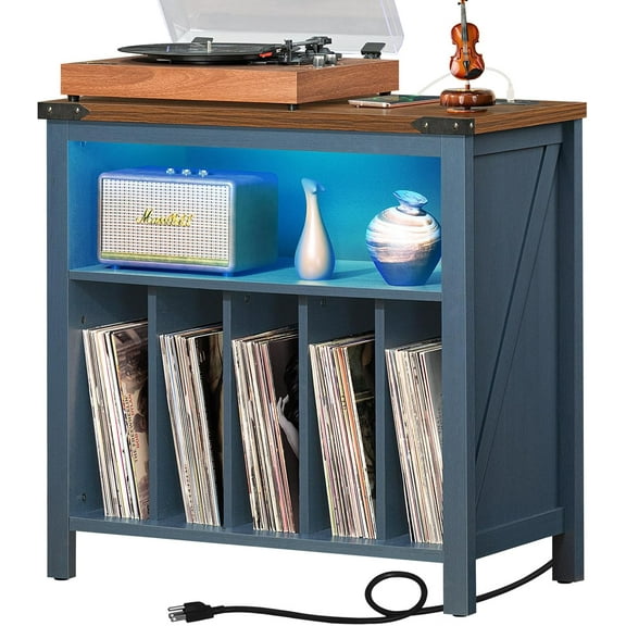Large Record Player Table with Charging Station & LED Lights, Blue Vinyl Record Storage Cabinet Holds up to 230 Albums, Turntable Stand with Display Shelf for Music Room Bedroom Living Room