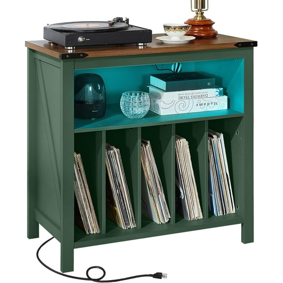 Large Record Player Table with Charging Station & LED Lights, Green Vinyl Record Storage Cabinet Holds up to 230 Albums, Turntable Stand with Display Shelf for Music Room Bedroom Living Room