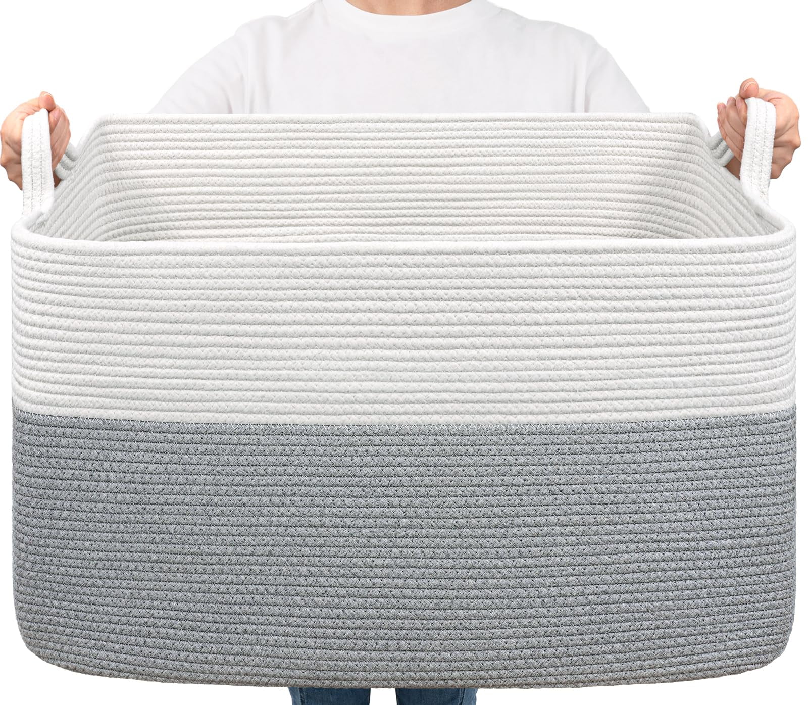 LJSXFI Large Blanket Basket, 72L Rectangle Woven Baskets for Storage, Laundry Basket, 22’’*17’’*12’’, White and Gray