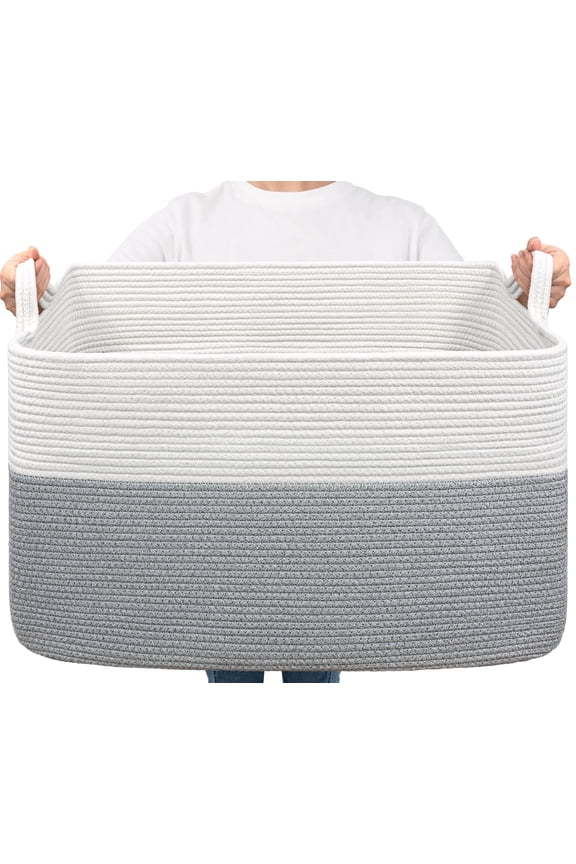 Large Blanket Basket, 72L Rectangle Woven Baskets for Storage, Laundry Basket, 22*17*12, White and Gray