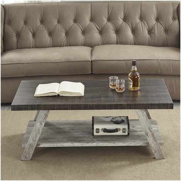 Large Rectangle Coffee Table with Bottom Shelf, Two-Tone Weathered Walnut and Gray Finish