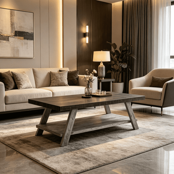 Large Rectangle Coffee Table with Bottom Shelf, Two-Tone Weathered Walnut and Gray Finish