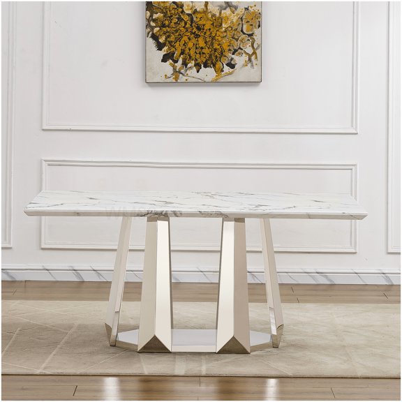 Large Rectangle Faux Marble Dining Table with Chrome Base, 70-Inch Modern Kitchen Table for 6, Silver White Design