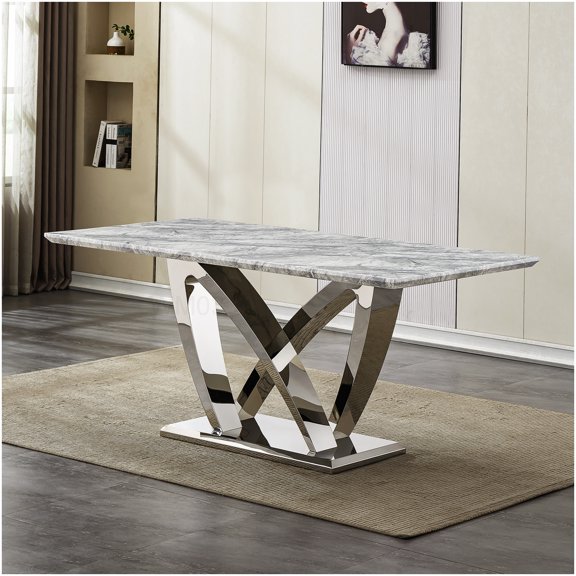 Large Rectangle Faux Marble Top Dining Table with Chrome Steel Legs, Grey Silver Kitchen Table for 6-8 People