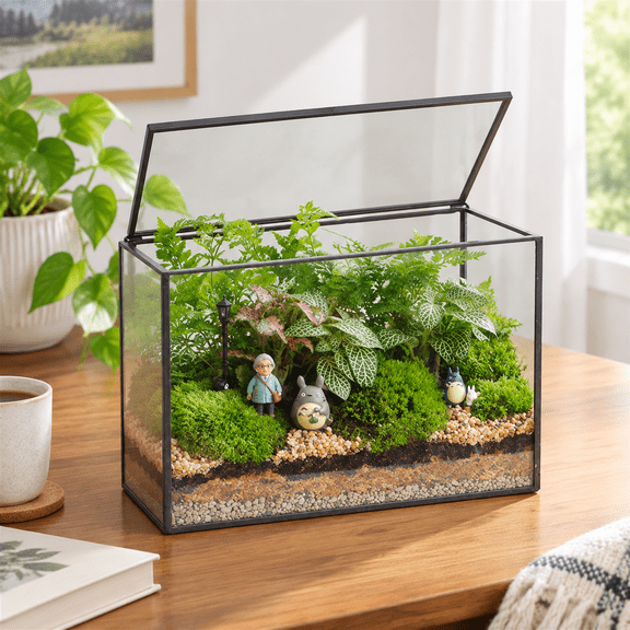 Large Rectangle Glass Terrarium with Black Metal Frame and Lid for Indoor Plant Decor and DIY Mini Gardens