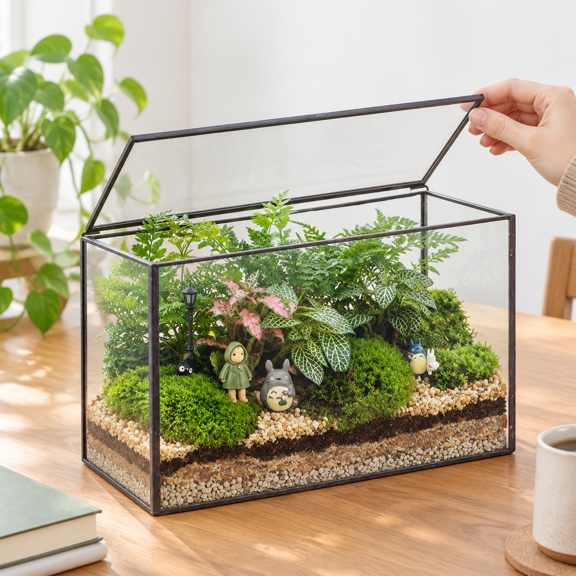 Large Rectangle Glass Terrarium with Black Metal Frame and Lid for Indoor Plant Decor and DIY Miniature Gardens